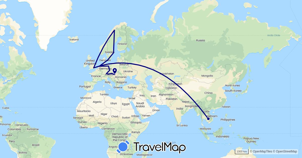 TravelMap itinerary: driving in Austria, Czech Republic, Germany, Denmark, United Kingdom, Hungary, Cambodia, Netherlands, Sweden (Asia, Europe)